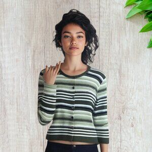 VINTAGE SUGAR -- Sweater, Lightweight, Green and White Striped, 3/4 Sleeves